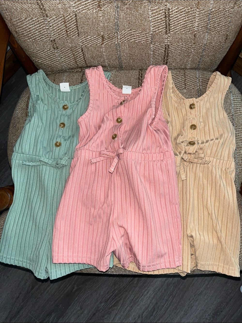 SHEIN Ribbed Button Romper Trio in Pink, Sage & Tan